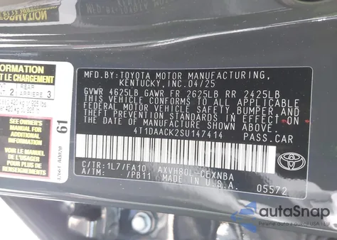 2025 Toyota Camry Le из США, поврежденный, VIN 4T1DAACK2SU147414